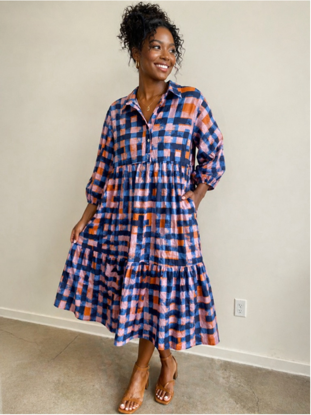 🌿 Maeve Anthropologie The Bettina Tiered Shirt Dress Geometric Plaid Midi Dress